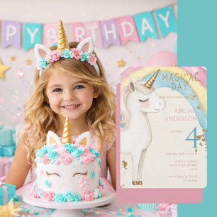 Rounded Magical Day Unicorn Girl Birthday Party Invitation