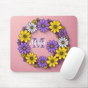 Rounded ring of flowers on pink /Monogram  Mouse Mat