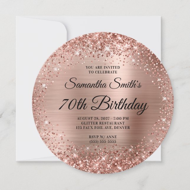 Rounded Rose Gold Glitter Monogram 70th Birthday Invitation (Front)