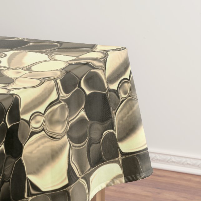 Rounded shapes in bronze colour, glossy light gold tablecloth (In Situ)