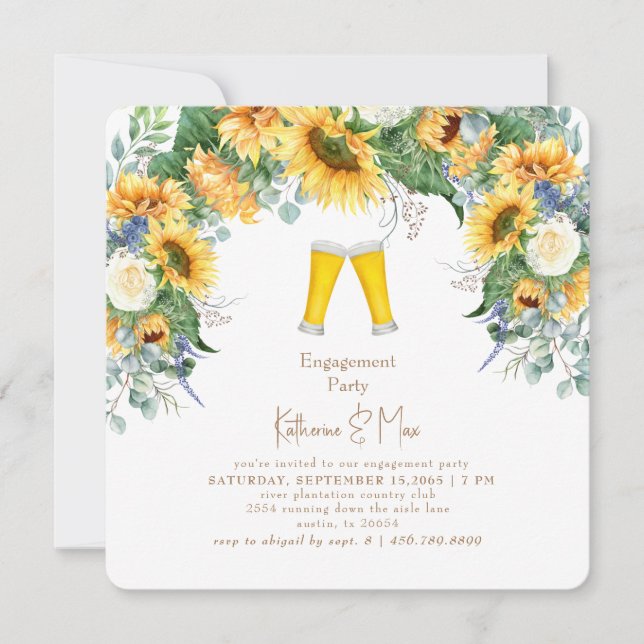 Rounded Square Sunflowers & Beer Engagement Party  Invitation (Front)