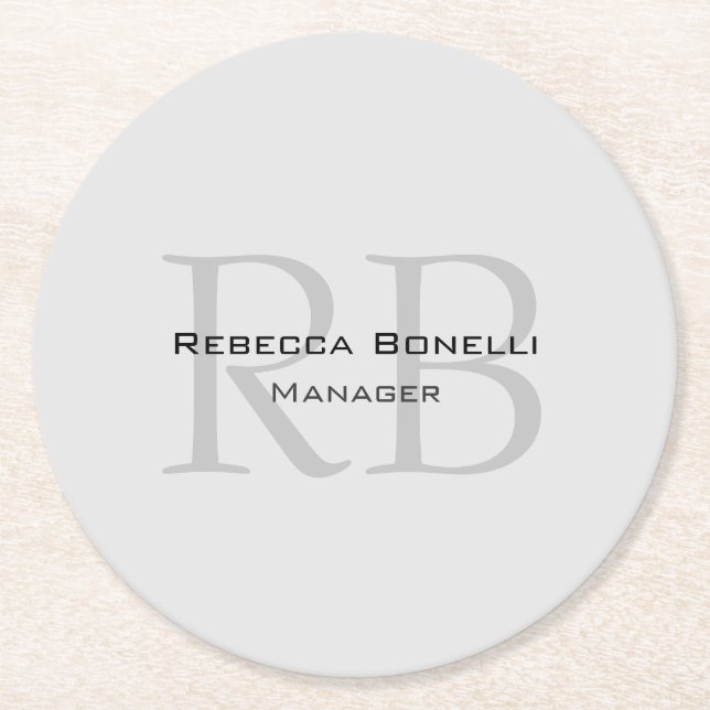 Rounded White Grey Monogram Manager Round Paper Coaster (Front)