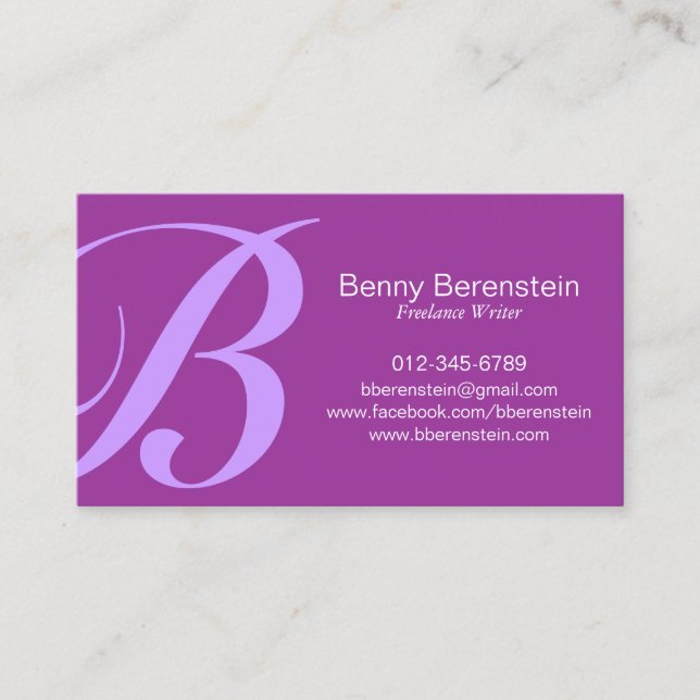 Roundhand Bold Monogram Purple Business Card (Front)