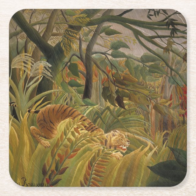 Rousseau Jungle Tropical Tiger Art Square Paper Coaster (Front)