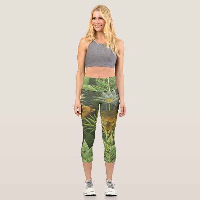 Rousseau Tropical Jungle Lion Painting Capri Leggings (Front)