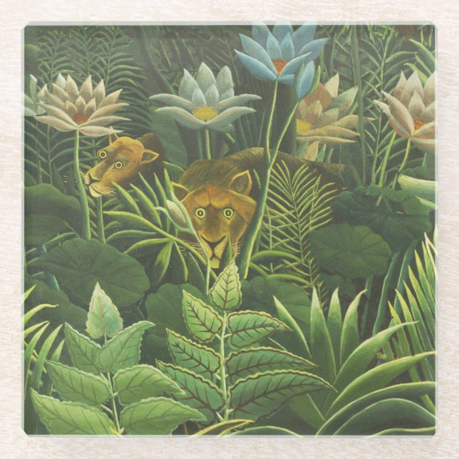 Rousseau Tropical Jungle Lion Painting Glass Coaster (Front)