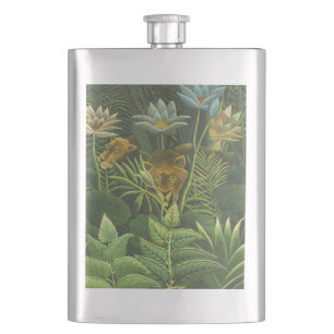 Rousseau Tropical Jungle Lion Painting Hip Flask
