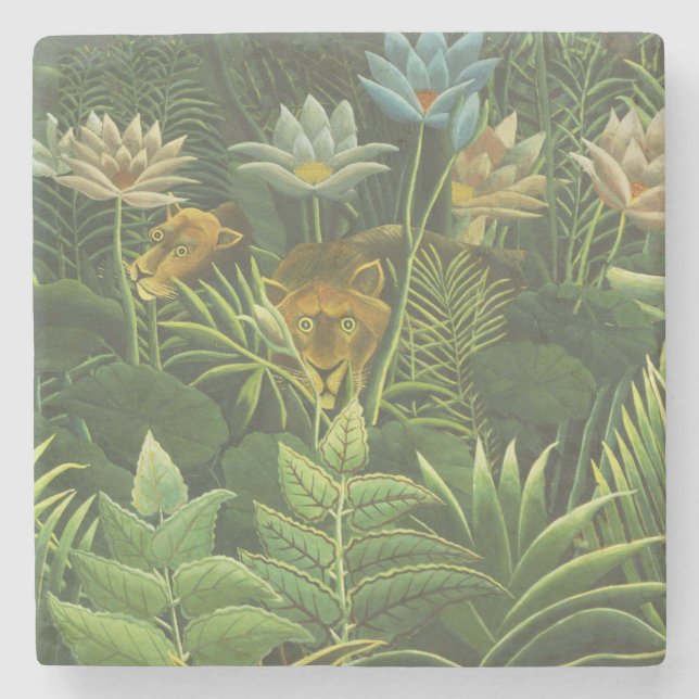 Rousseau Tropical Jungle Lion Painting Stone Coaster (Front)
