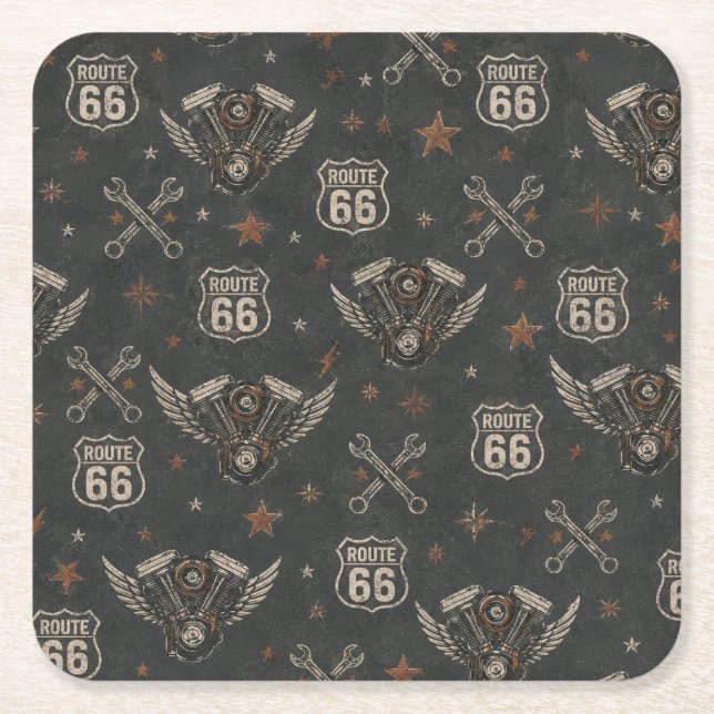 Route 66 Biker Garage Drink Decor Square Paper Coaster (Front)