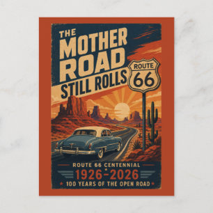 Route 66 Centennial Blue Classic Car Desert Road Postcard
