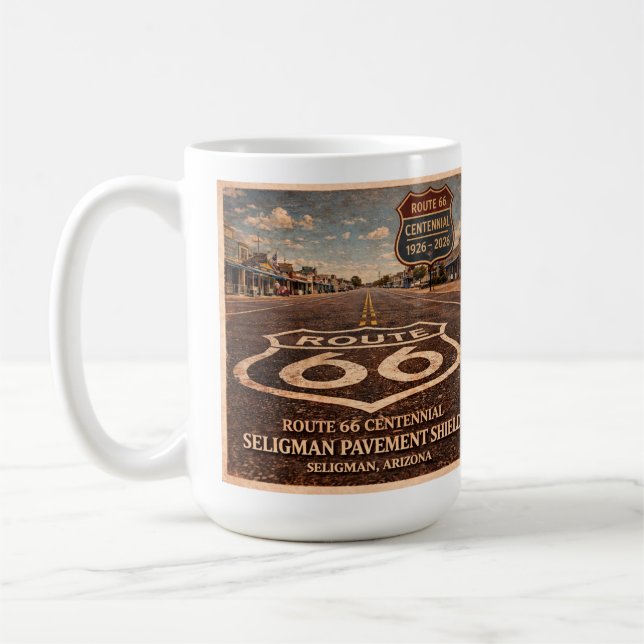 Route 66 Centennial Seligman Pavement Morning Coffee Mug (Left)