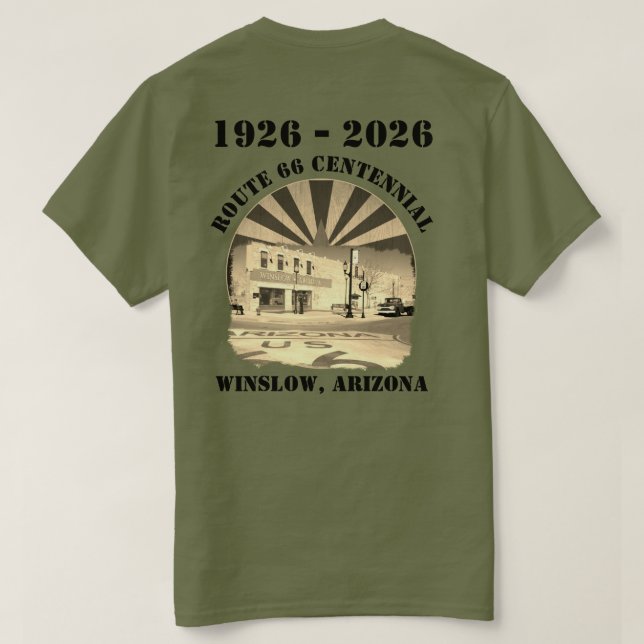 Route 66 Centennial Sepia Winslow Arizona Back T-Shirt (Design Back)