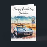 Route 66 Classic Car Happy Birthday Brother  Card<br><div class="desc">This birthday card features a digital watercolor depiction of the Route 66 sign and roadway, complemented by a vintage convertible. It is an ideal card for men who appreciate road trips and classic automobiles. This customisable card makes a thoughtful gift for a brother, husband, father, uncle, or son. "AI-generated artwork...</div>