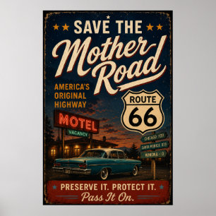 route 66 Classic Car Motel Americana Heritage Poster