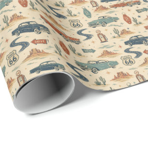 route 66 Classic Cars Retro Roadside Pattern Art Wrapping Paper