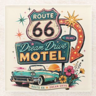 Route 66 Dream Drive Motel Retro Cruiser Art Glass Coaster