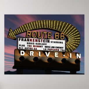 Route 66 Drive-In Retro Neon Poster