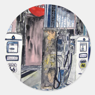 route 66 gas station vintage art classic round sticker