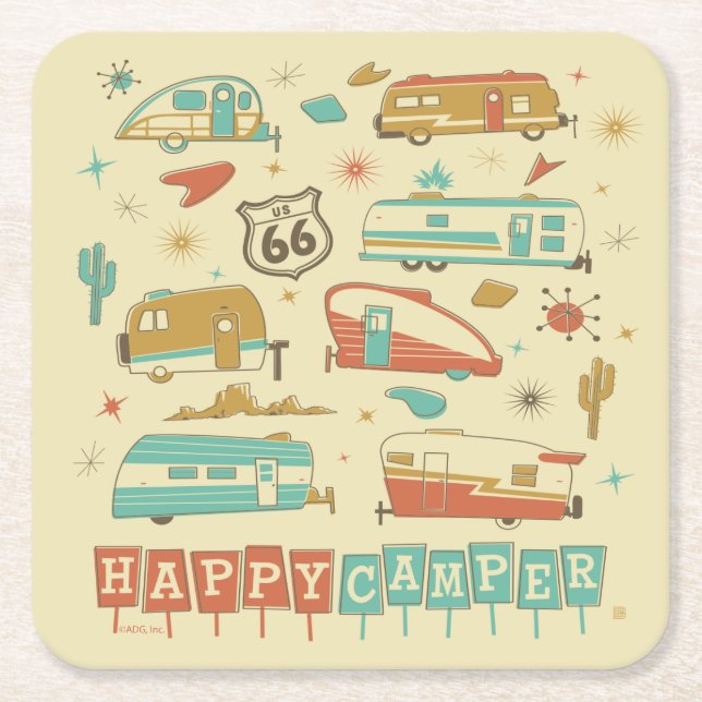 Route 66 Happy Camper Square Paper Coaster (Front)
