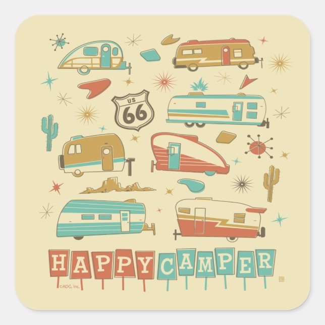Route 66 Happy Camper Square Sticker (Front)