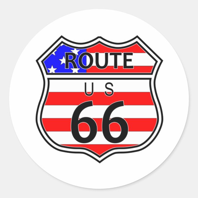 Route 66 Highway Sign With Flag Classic Round Sticker (Front)