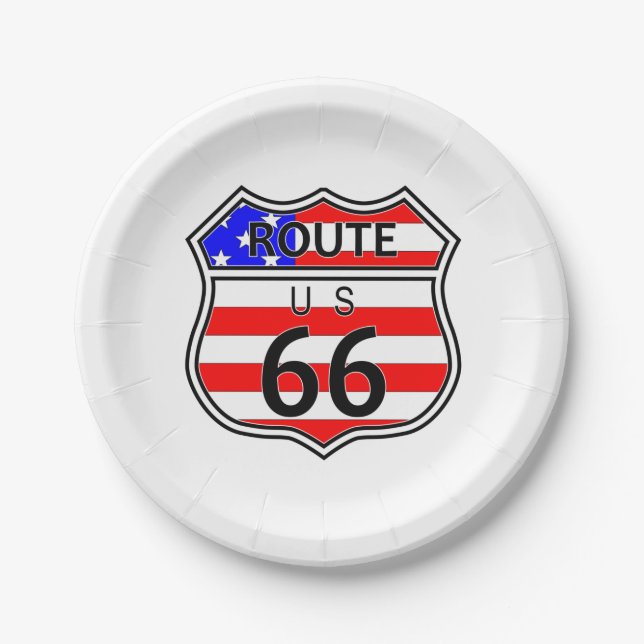 Route 66 Highway Sign With Flag Paper Plate (Front)