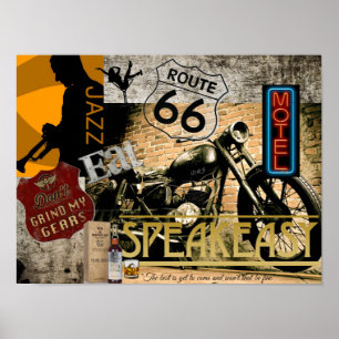 Route 66 Jazz Speakeasy Motorcycle Poster