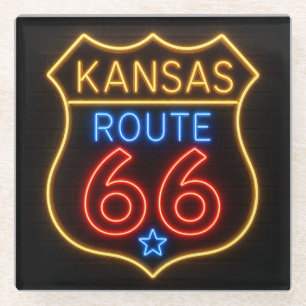 Route 66 Kansas Neon Americana Decor Glass Coaster