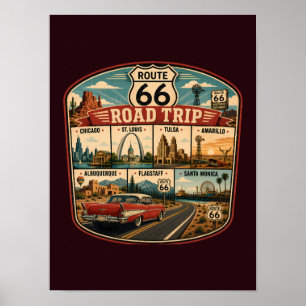 Route 66 Landmarks Illustration Travel Art Badge Poster
