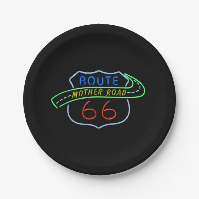 Route 66 Mother Road Neon Sign Paper Plate (Front)