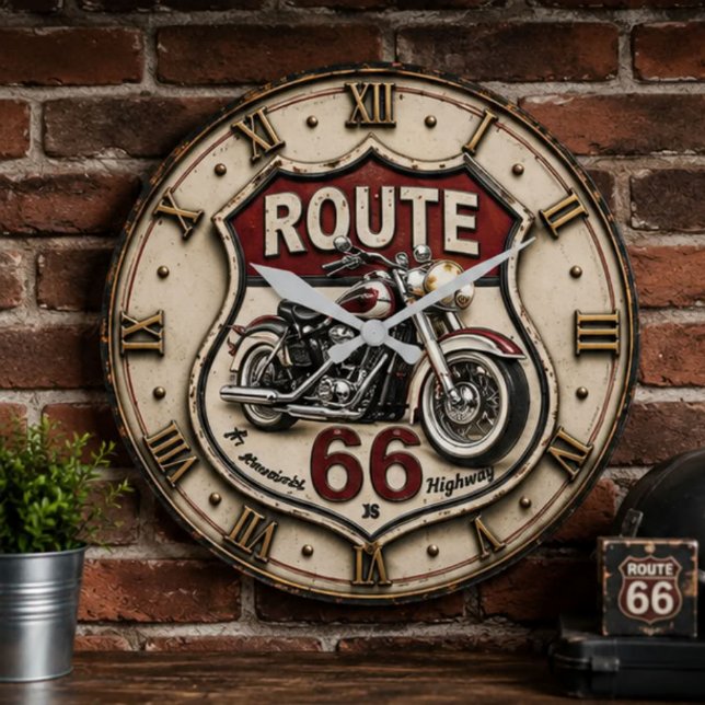 Route 66 Motorcycle American Highway Biker Decor Large Clock (Creator Uploaded)