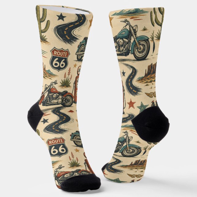 route 66 Motorcycle Desert Road Trip Style Socks (Angled)