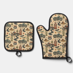 Route 66 Motorcycle Kitchen Heat Gear Oven Mitt & Pot Holder Set