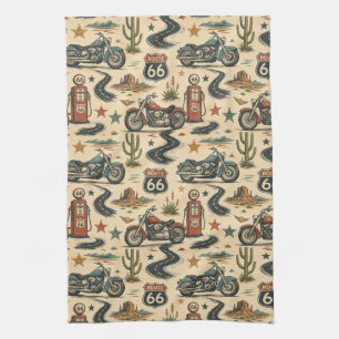 Route 66 Motorcycle Kitchen Roadside Decor Tea Towel