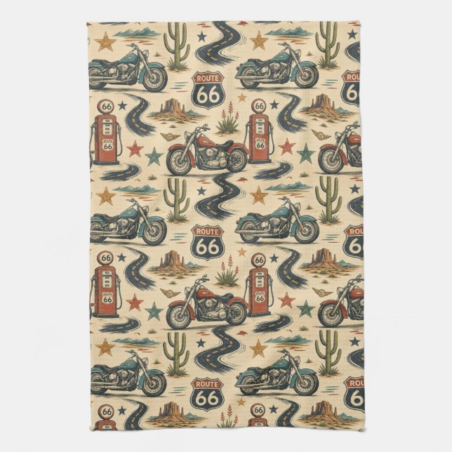 Route 66 Motorcycle Kitchen Roadside Decor Tea Towel (Vertical)