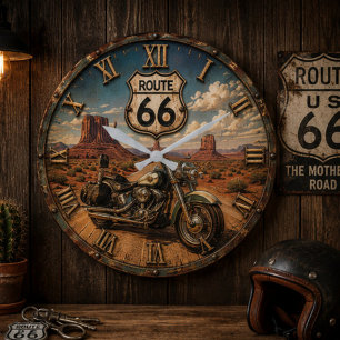 Route 66 Motorcycle Vintage Desert Highway Biker Large Clock