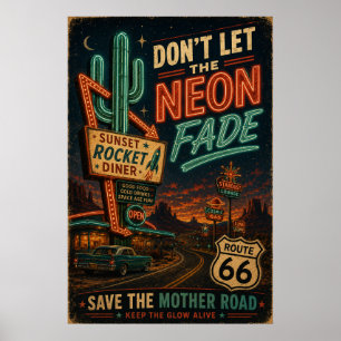 route 66 Neon Diner Americana Road Trip Nights Poster