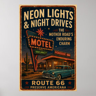 route 66 Neon Motel Night Drive Americana Decor