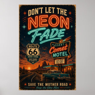 route 66 Neon Motel Night Drive Americana Style Poster