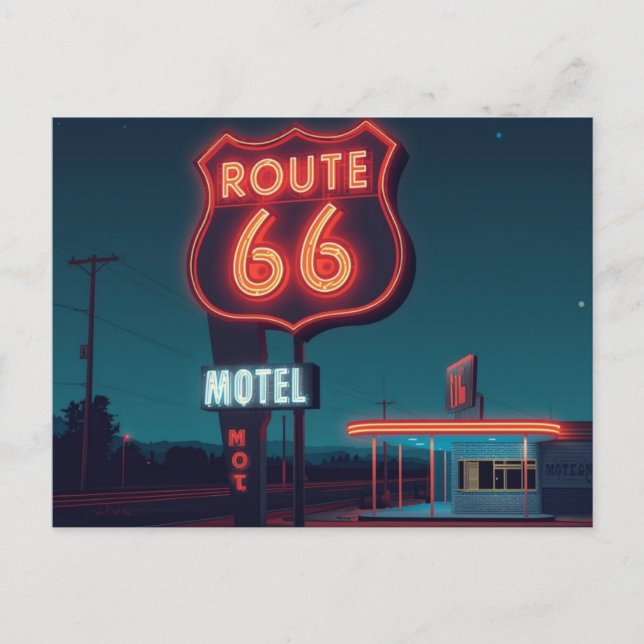 Route 66 Neon Motel Night Travel Art Holiday Postcard (Front)