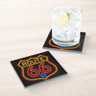 Route 66 Neon Shield Americana Decor Glass Coaster