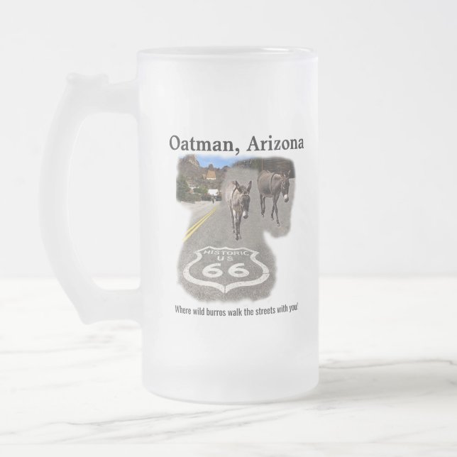 Route 66 Oatman Arizona Burros On The Street Frosted Glass Beer Mug (Left)
