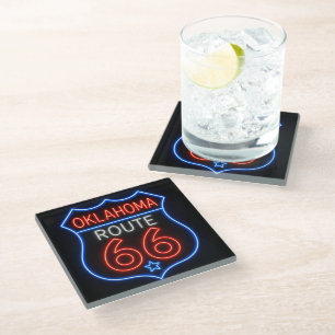 Route 66 Oklahoma Neon Americana Decor Glass Coaster
