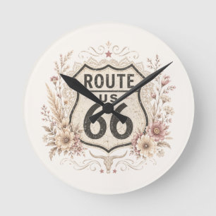 Route 66 Pink Floral Vintage Americana Charm Round Clock