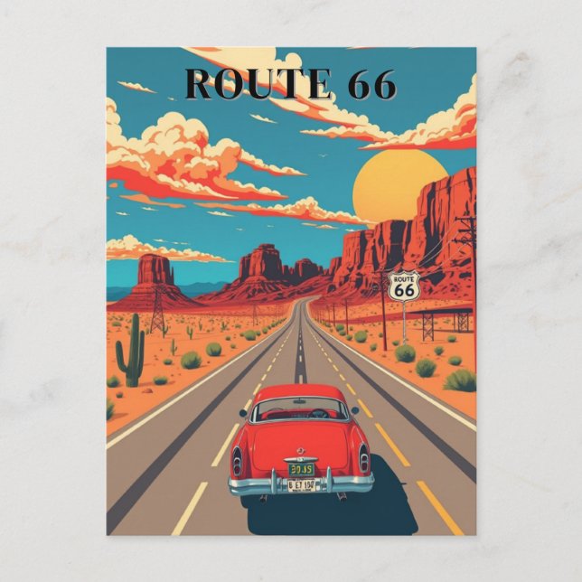Route 66 Red Car Desert Drive Vintage Postcard (Front)