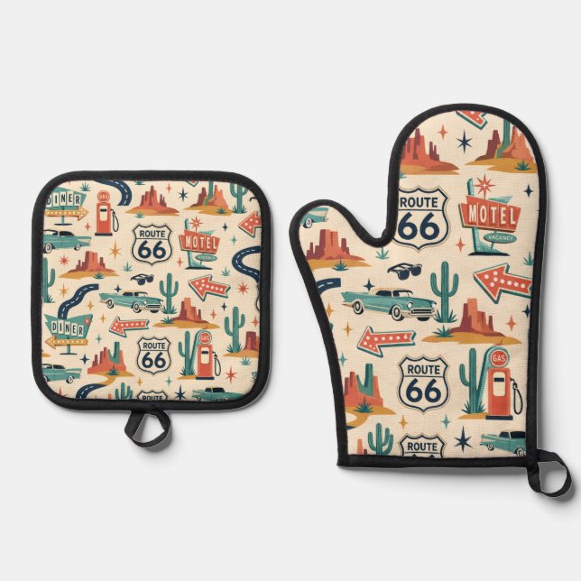 Route 66 Retro Kitchen Road Trip Heat Oven Mitt & Pot Holder Set (Front)