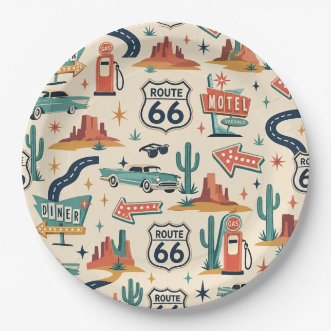 Route 66 Retro Party Table Flair Paper Plate (Front)