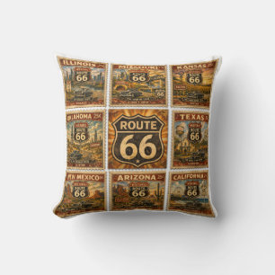 route 66 Roadside Americana Stamp Collage Decor Cushion
