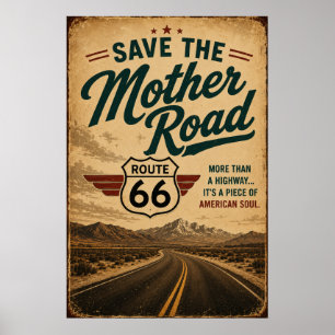route 66 Save Mother Road Vintage Highway Art Poster