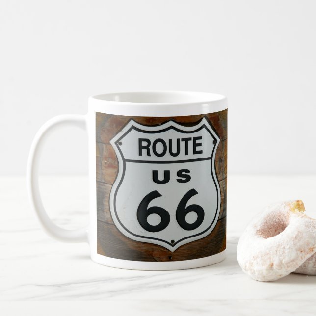 Route 66 Shield, on Building Wood Siding Mug (With Donut)